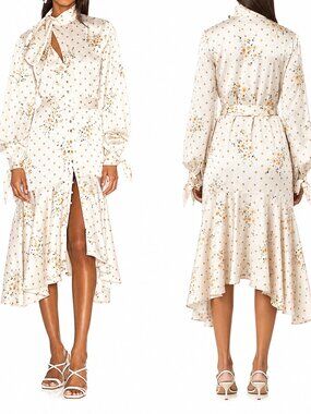 Keepsake The Label Ironic Midi Dress Yellow Floral High Neck Ruffle Hem Women’s